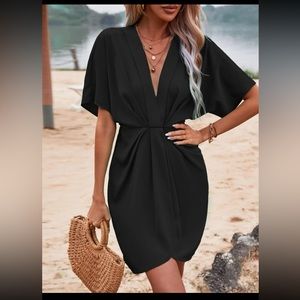 NWOT XL Black Solid Front Twist Batwing Dress